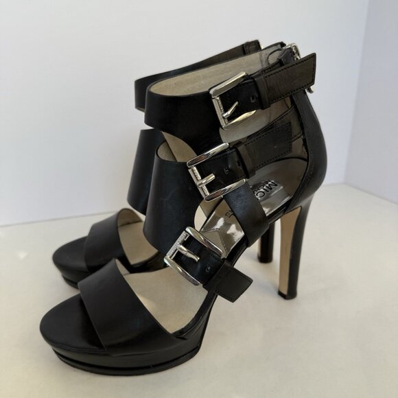 Michael Kors Lucinda Black Leather Zip Back Open Toe Heels Shoes - Picture 14 of 15